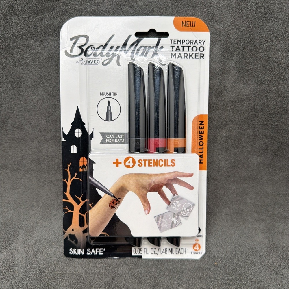 Bic BodyMark Temporary Tattoo Markers Halloween 3 Pack With Stencils